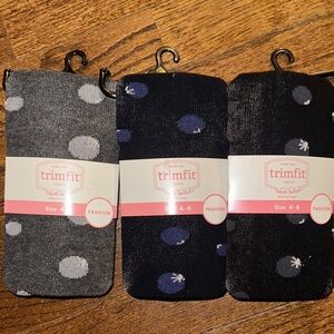 Trimfit Polka Dot Tights 3 Pairs - Gray, Navy, Black - NWT Girls 4-6
